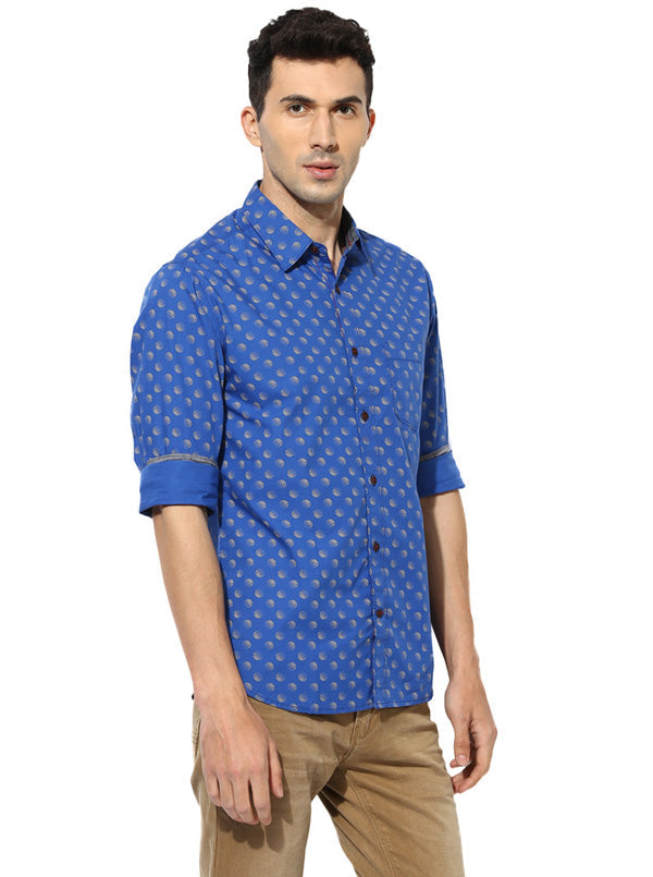 Greenfibre Blue Printed Slim Fit Casual Shirt