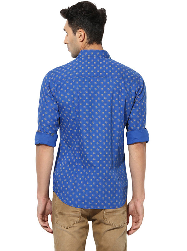 Greenfibre Blue Printed Slim Fit Casual Shirt