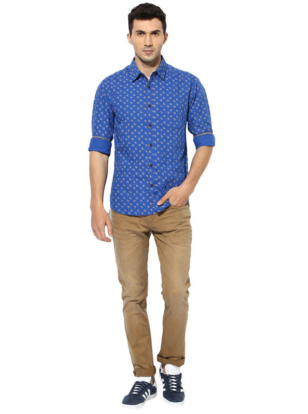 Greenfibre Blue Printed Slim Fit Casual Shirt