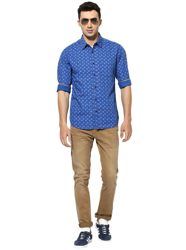 Greenfibre Blue Printed Slim Fit Casual Shirt