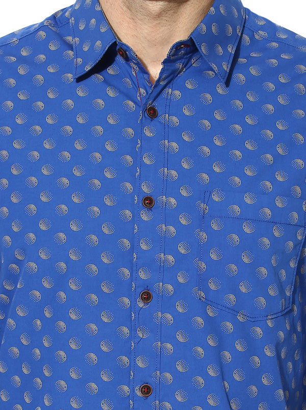 Greenfibre Blue Printed Slim Fit Casual Shirt