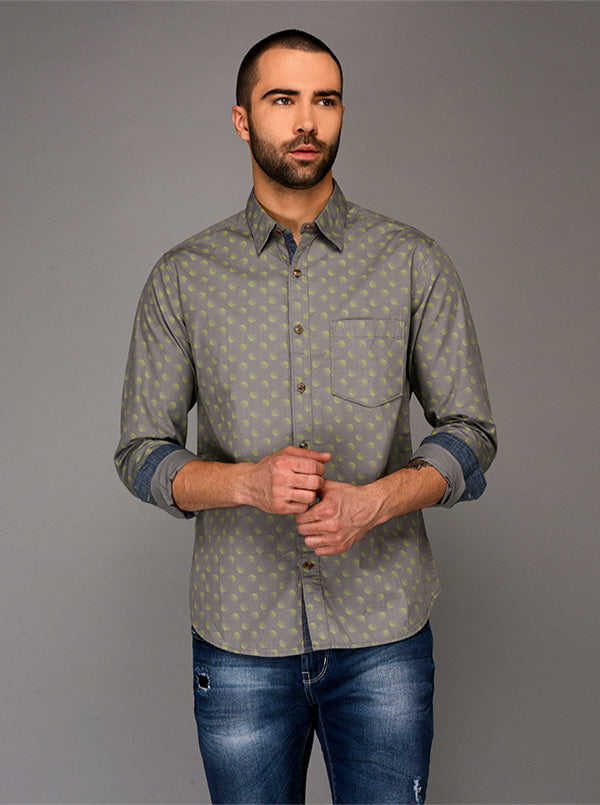 Greenfibre Grey Printed Slim Fit Casual Shirt