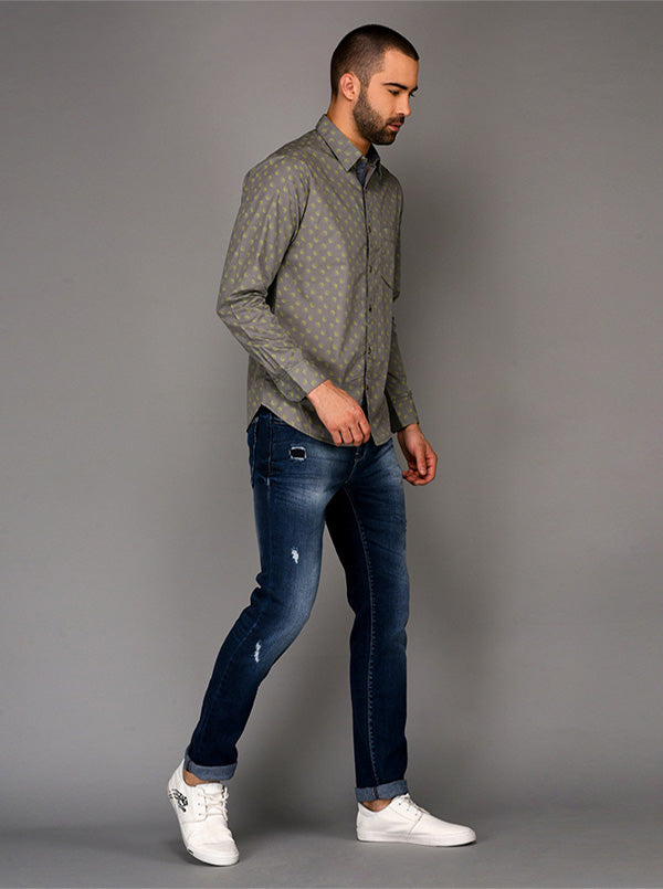 Greenfibre Grey Printed Slim Fit Casual Shirt