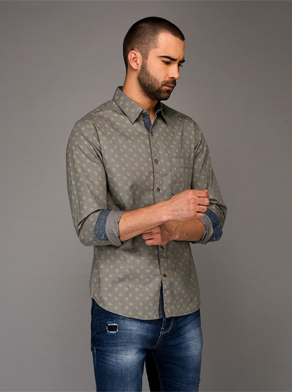 Greenfibre Grey Printed Slim Fit Casual Shirt
