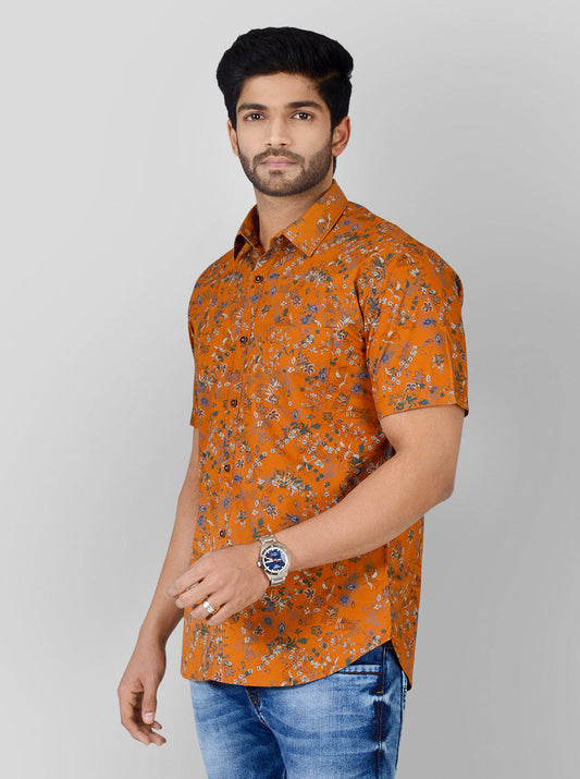 Burnt Orange Printed Slim Fit Casual Shirt | Greenfibre