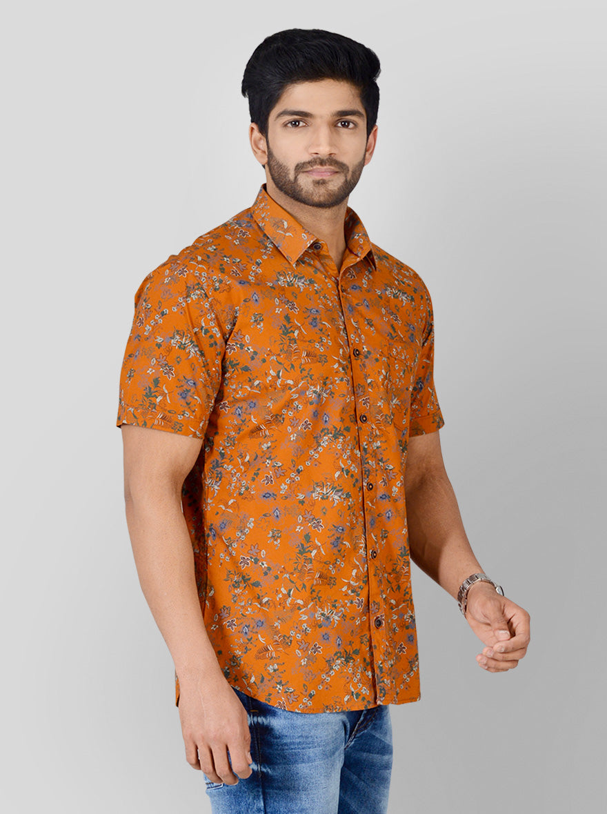 Burnt Orange Printed Slim Fit Casual Shirt | Greenfibre