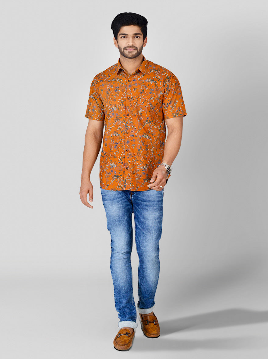 Burnt Orange Printed Slim Fit Casual Shirt | Greenfibre