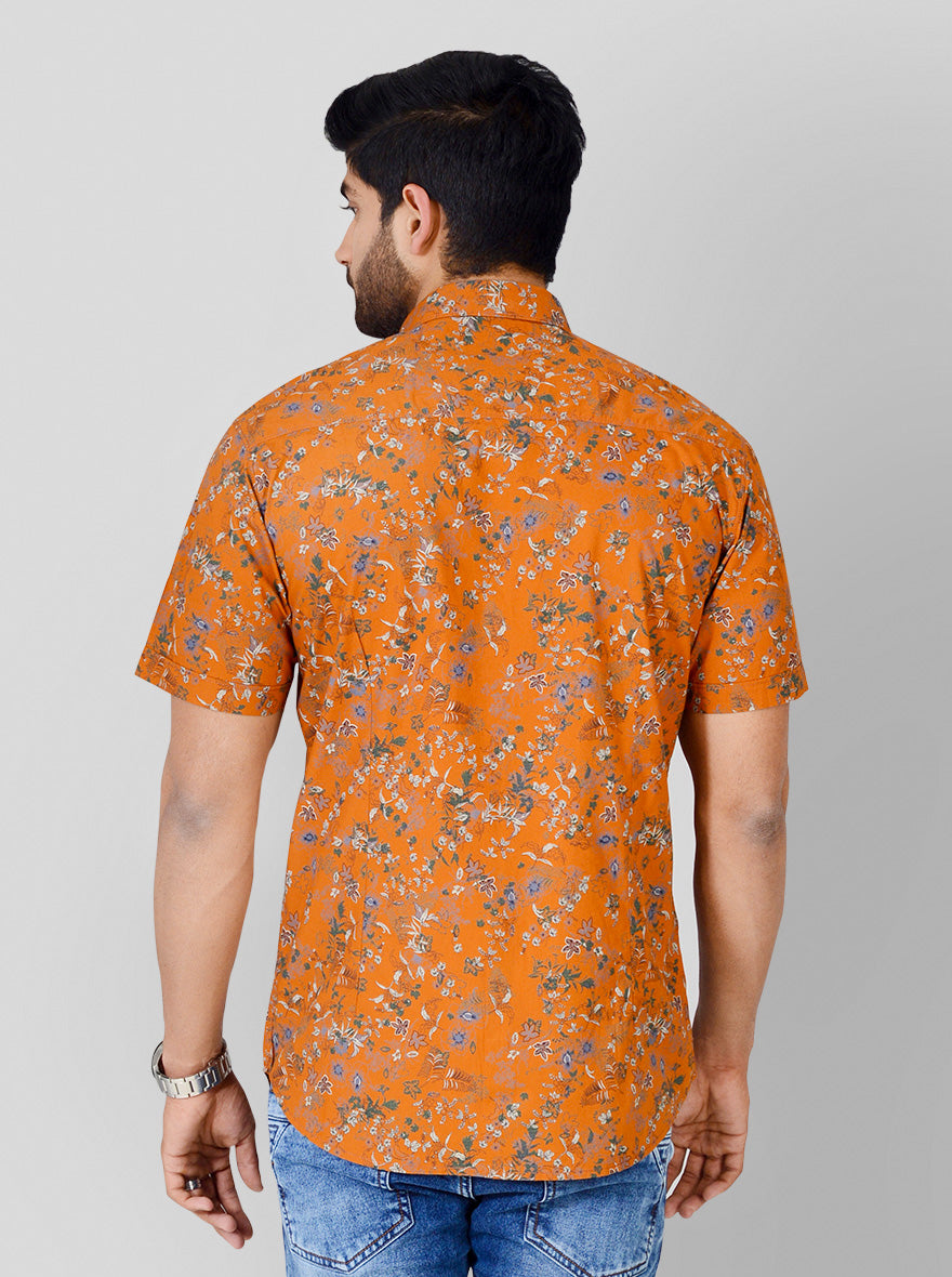 Burnt Orange Printed Slim Fit Casual Shirt | Greenfibre