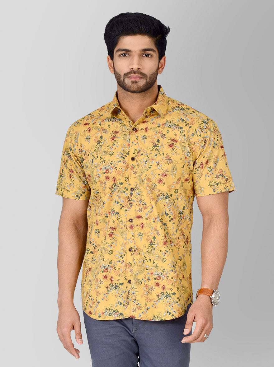 Mustard Yellow Printed Slim Fit Casual Shirt | Greenfibre