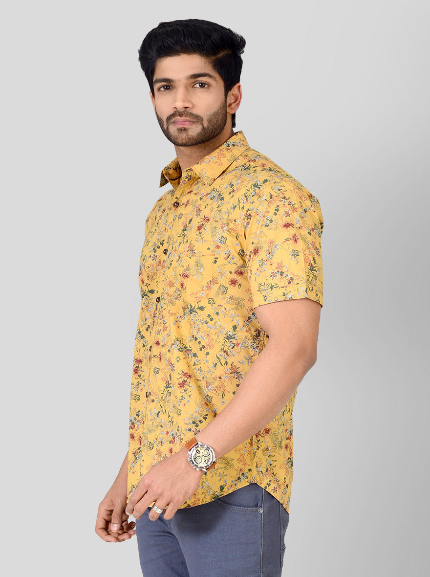 Mustard Yellow Printed Slim Fit Casual Shirt | Greenfibre