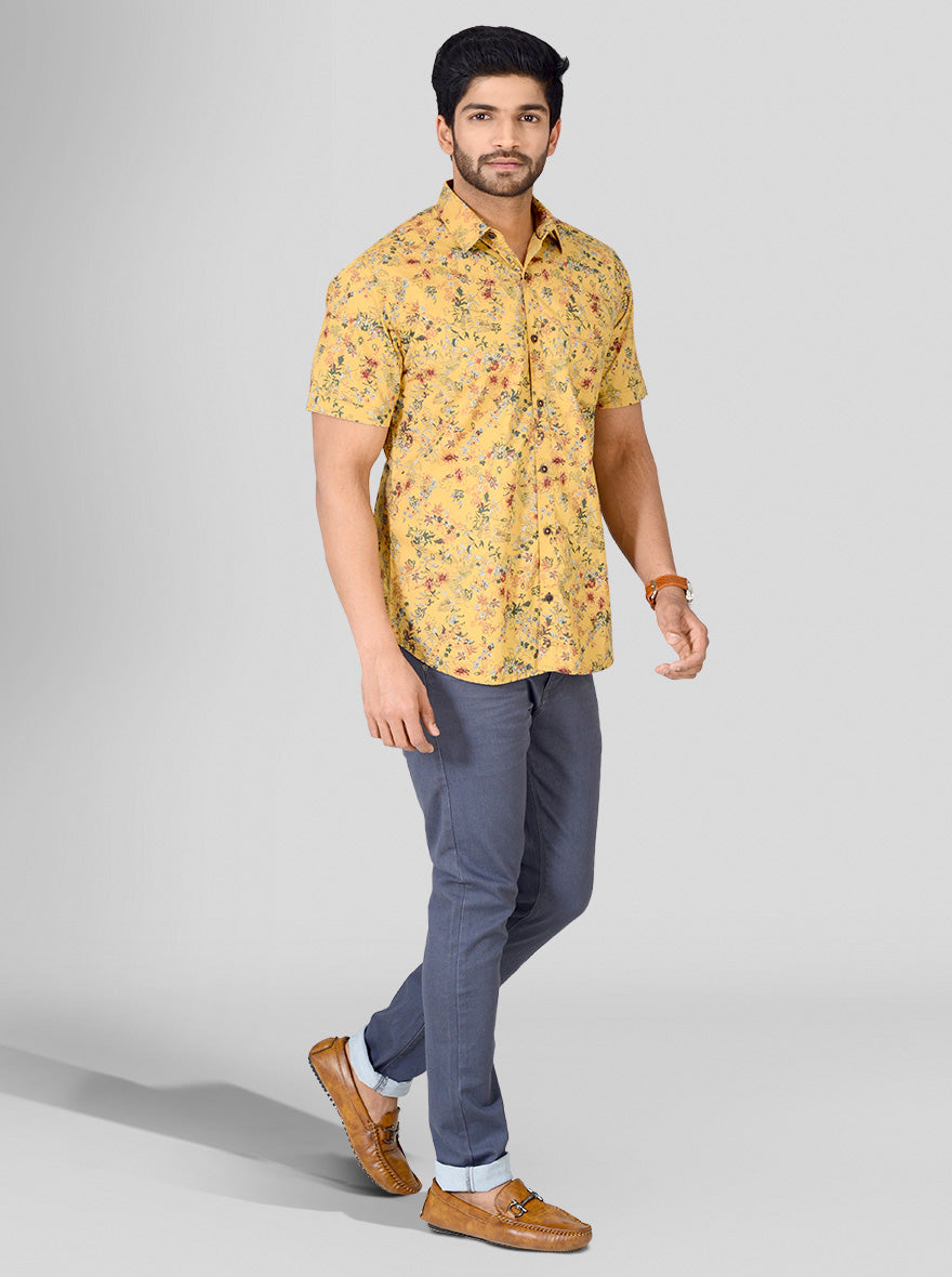 Mustard Yellow Printed Slim Fit Casual Shirt | Greenfibre