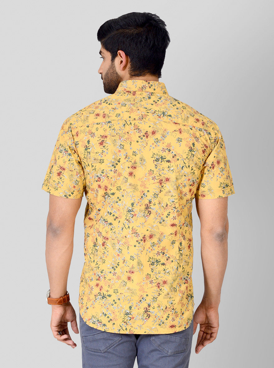 Mustard Yellow Printed Slim Fit Casual Shirt | Greenfibre