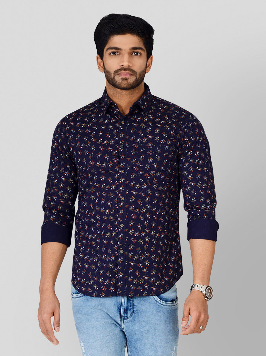 Navy Blue Printed Slim Fit Casual Shirt | Greenfibre