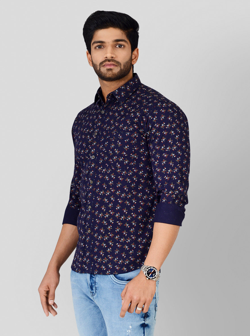Navy Blue Printed Slim Fit Casual Shirt | Greenfibre