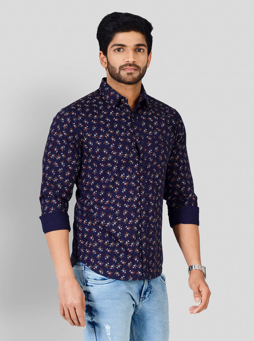 Navy Blue Printed Slim Fit Casual Shirt | Greenfibre
