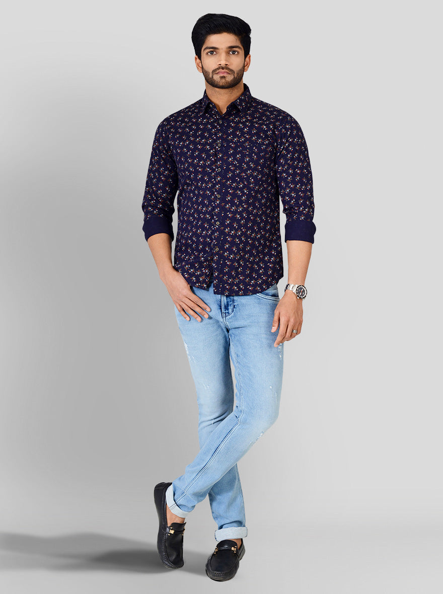 Navy Blue Printed Slim Fit Casual Shirt | Greenfibre