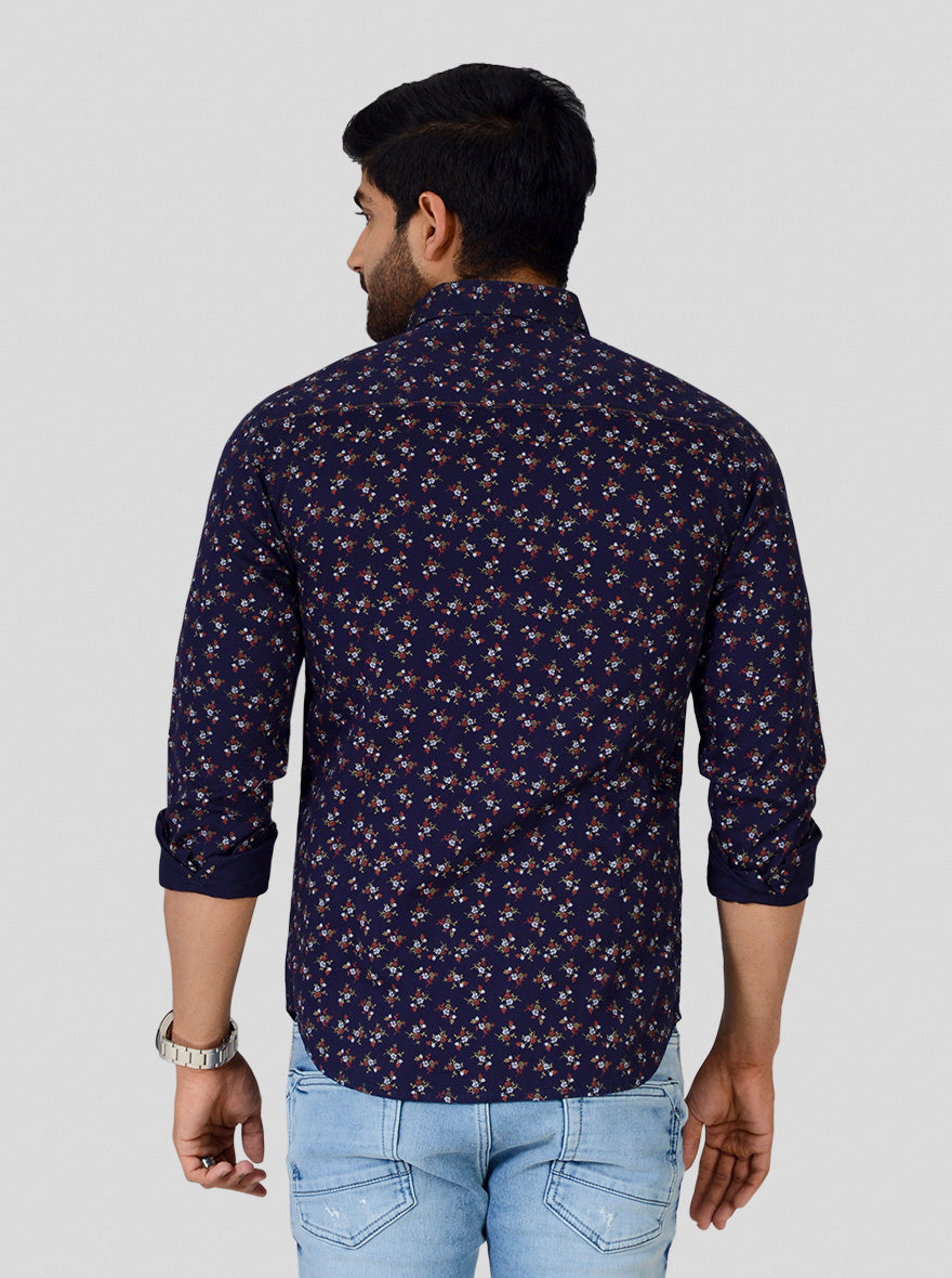 Navy Blue Printed Slim Fit Casual Shirt | Greenfibre
