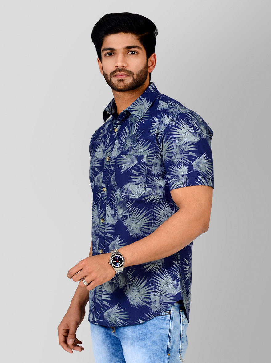 Blue Printed Slim Fit Casual Shirt | Greenfibre