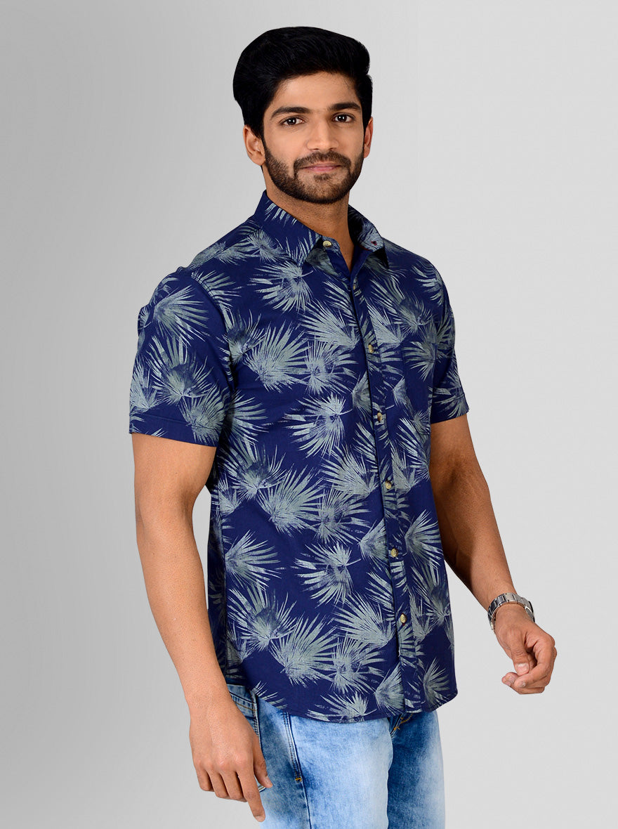 Blue Printed Slim Fit Casual Shirt | Greenfibre