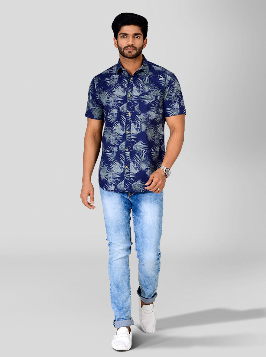 Blue Printed Slim Fit Casual Shirt | Greenfibre