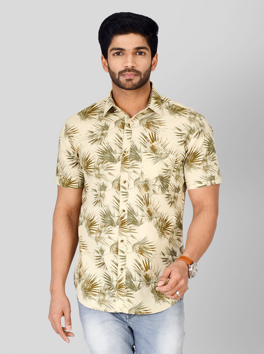 Beige Printed Slim Fit Casual Shirt | Greenfibre