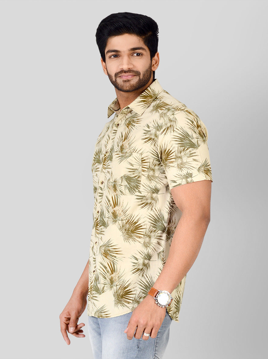 Beige Printed Slim Fit Casual Shirt | Greenfibre