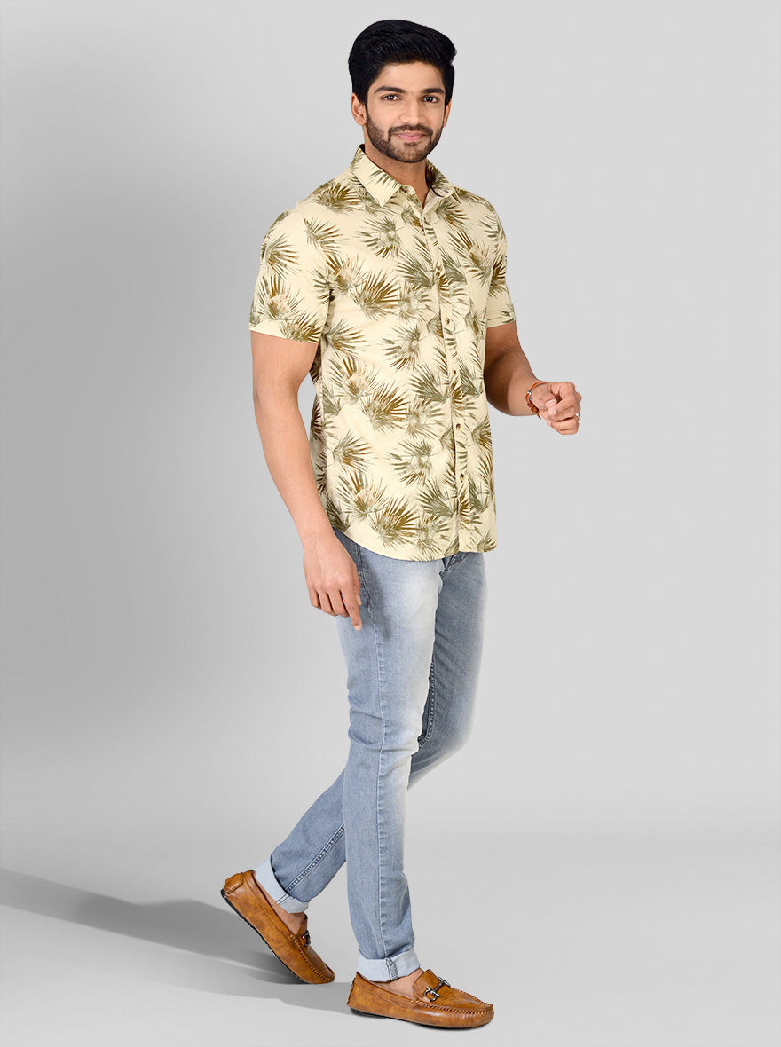 Beige Printed Slim Fit Casual Shirt | Greenfibre