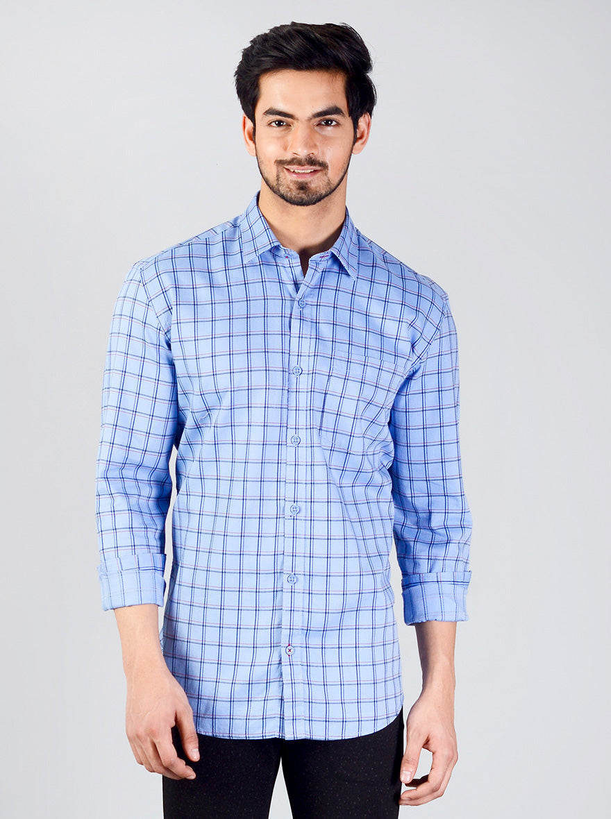 Blue Checked Slim Fit Casual Shirt | JB Sport