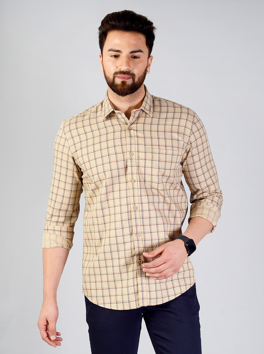 Sand Brown Checked Slim Fit Casual Shirt | JB Sport