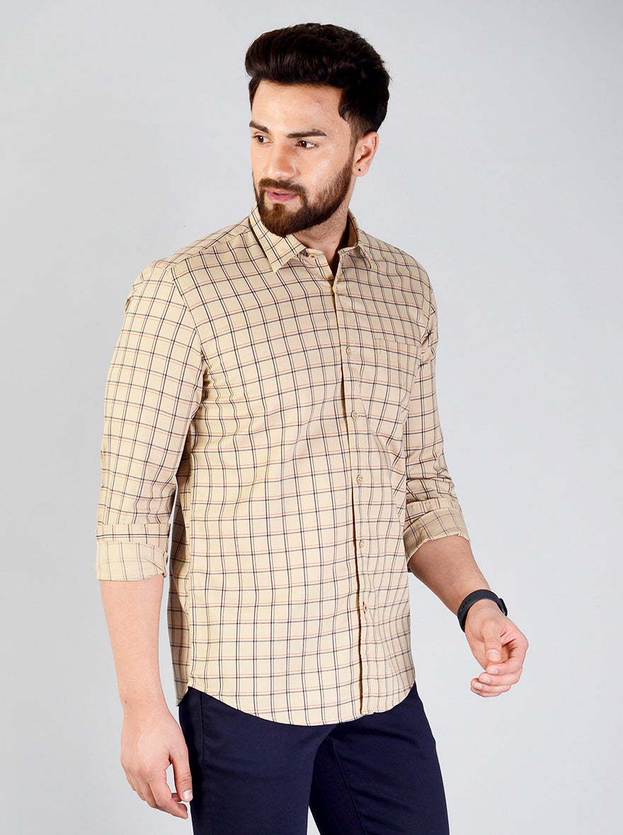 Sand Brown Checked Slim Fit Casual Shirt | JB Sport