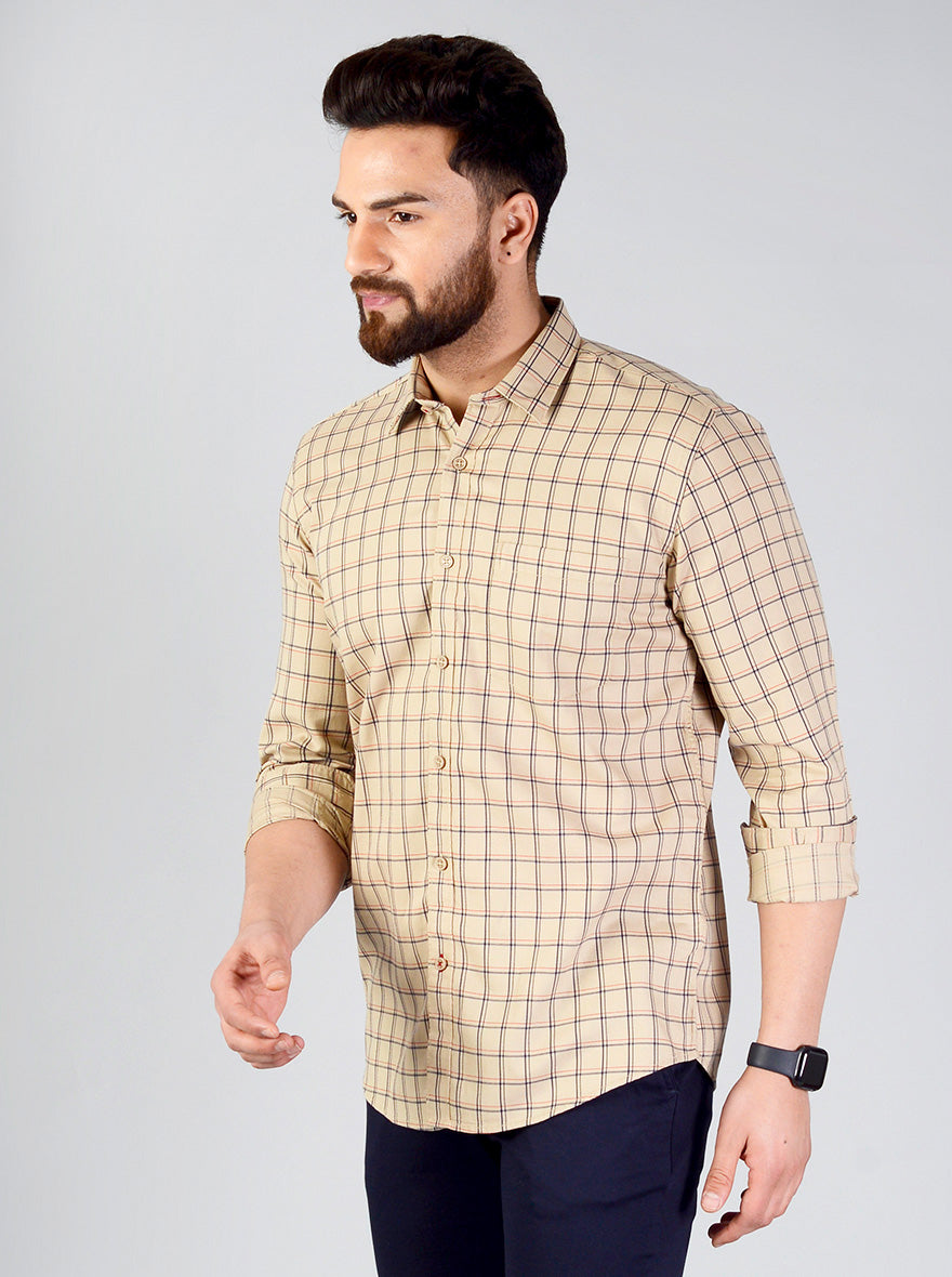 Sand Brown Checked Slim Fit Casual Shirt | JB Sport