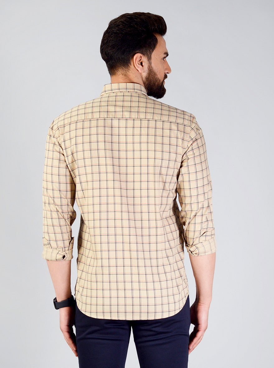 Sand Brown Checked Slim Fit Casual Shirt | JB Sport