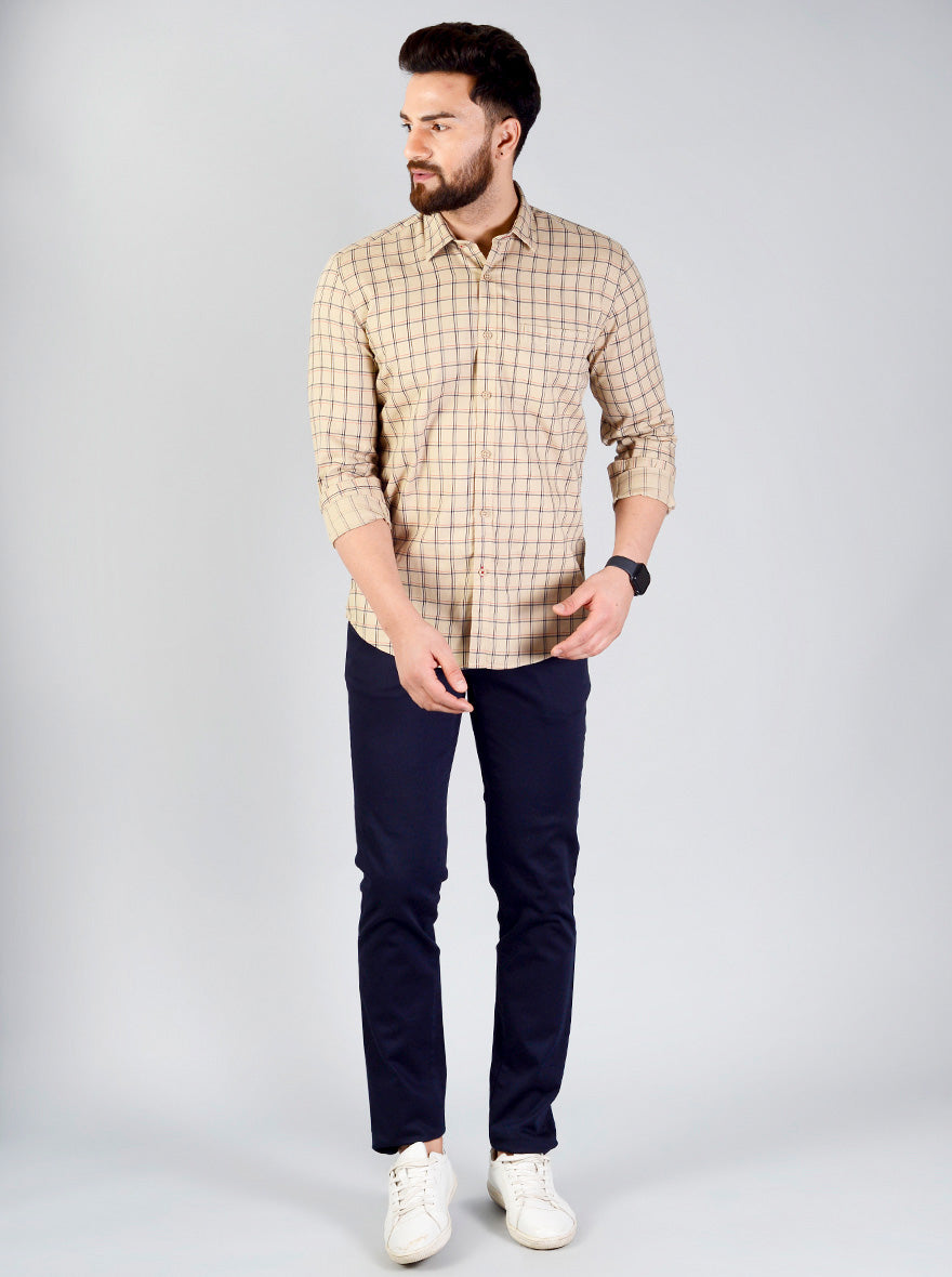 Sand Brown Checked Slim Fit Casual Shirt | JB Sport