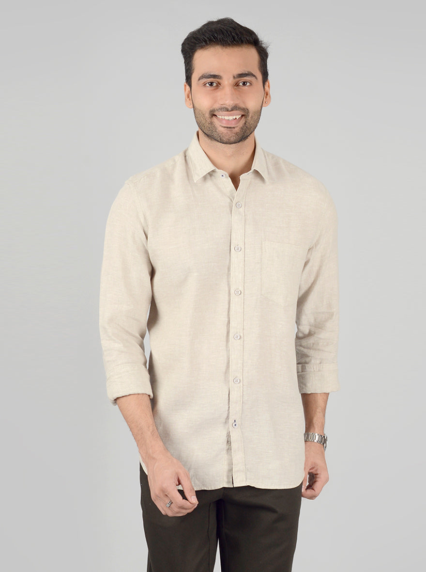 Cream Solid Slim Fit Casual Shirt | JB Sport