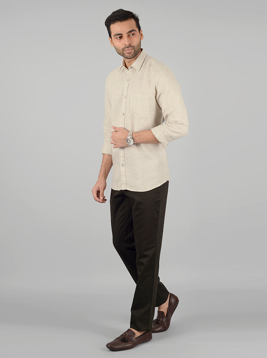 Cream Solid Slim Fit Casual Shirt | JB Sport