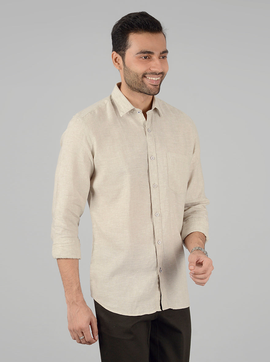 Cream Solid Slim Fit Casual Shirt | JB Sport