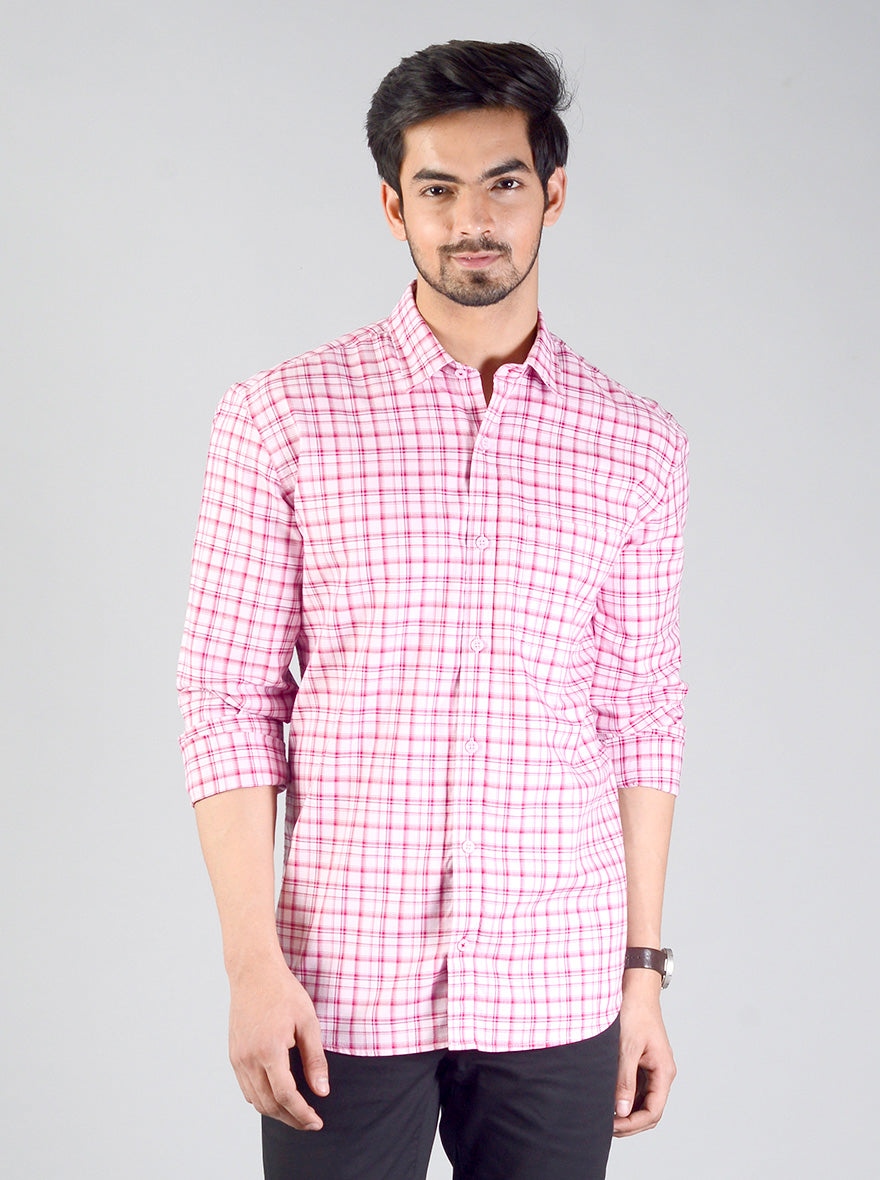 Raspberry Pink Checked Slim Fit Casual Shirt | JB Sport