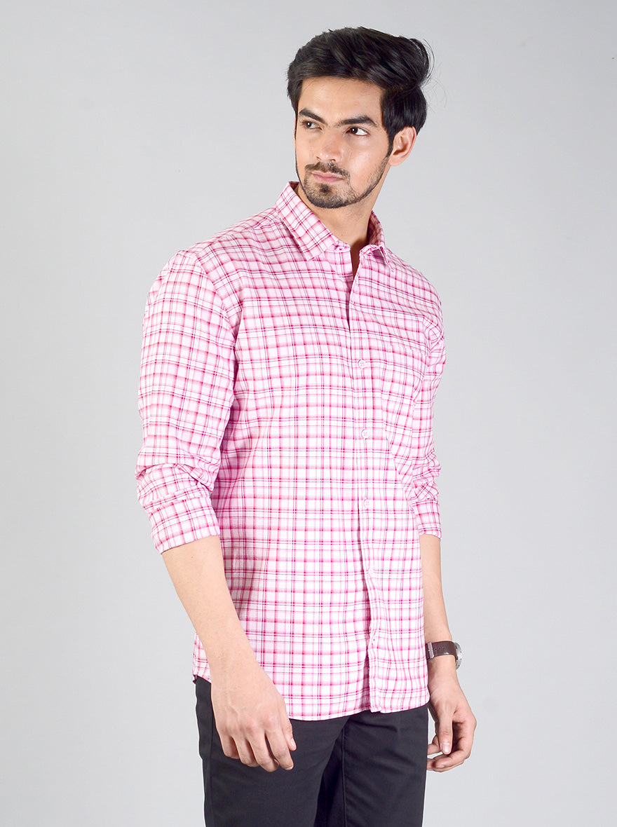 Raspberry Pink Checked Slim Fit Casual Shirt | JB Sport