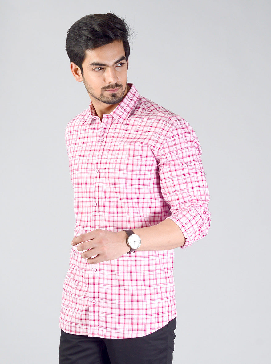 Raspberry Pink Checked Slim Fit Casual Shirt | JB Sport