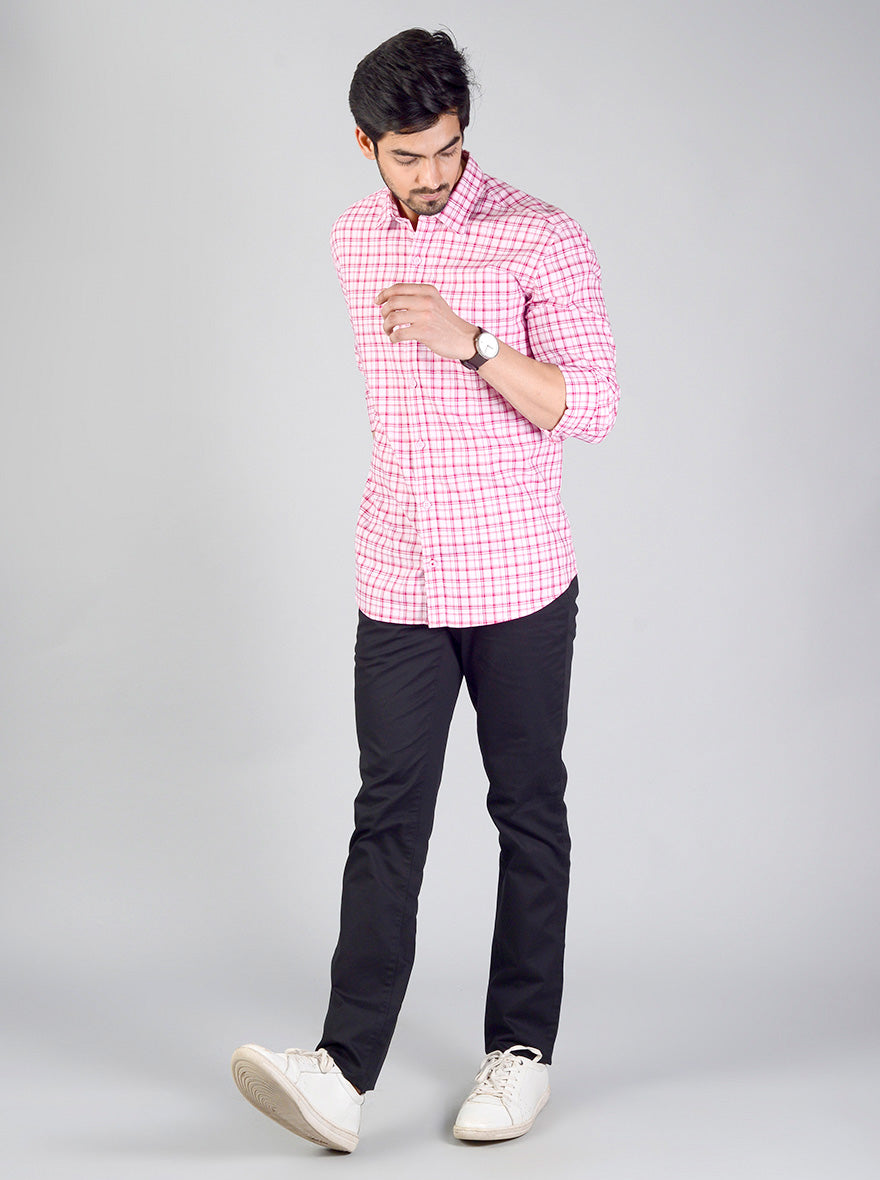 Raspberry Pink Checked Slim Fit Casual Shirt | JB Sport