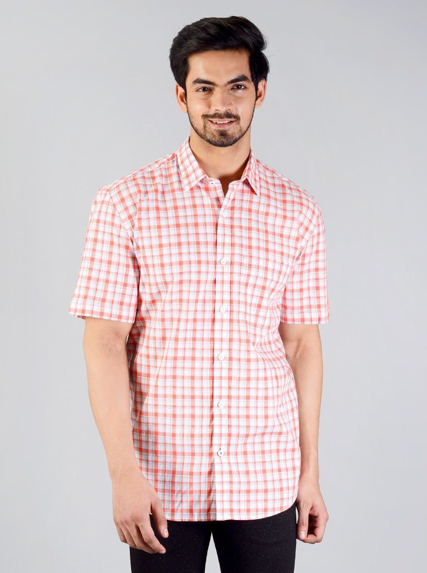 Camellia Orange Checked Slim Fit Casual Shirt | JB Sport