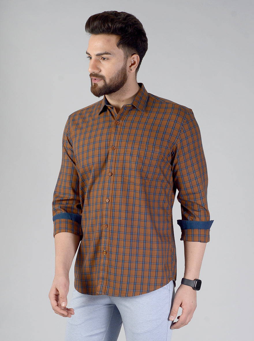 Brown Checked Regular Fit Casual Shirt | Greenfibre