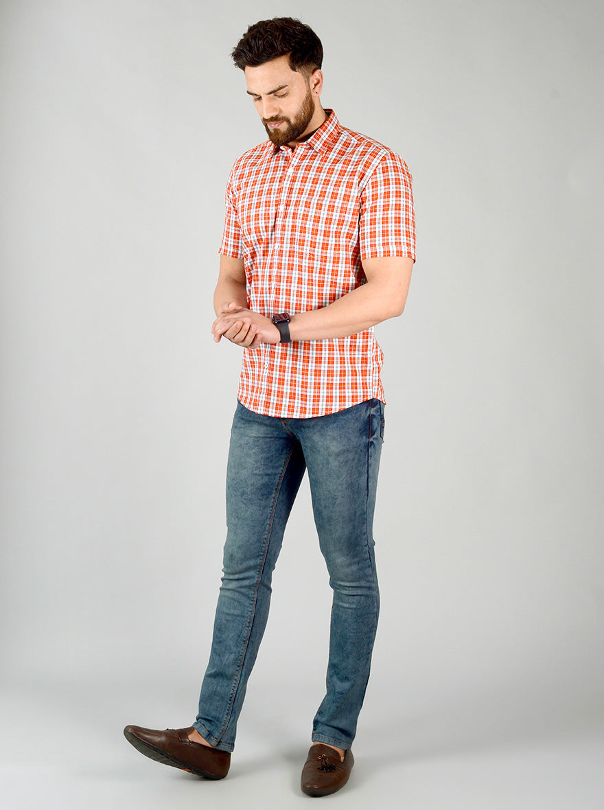 Cherry Tomato Checked Slim Fit Casual Shirt | Greenfibre