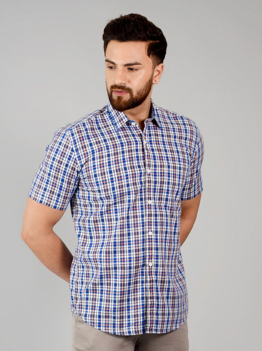 Dark Blue Checked Slim Fit Casual Shirt | Greenfibre