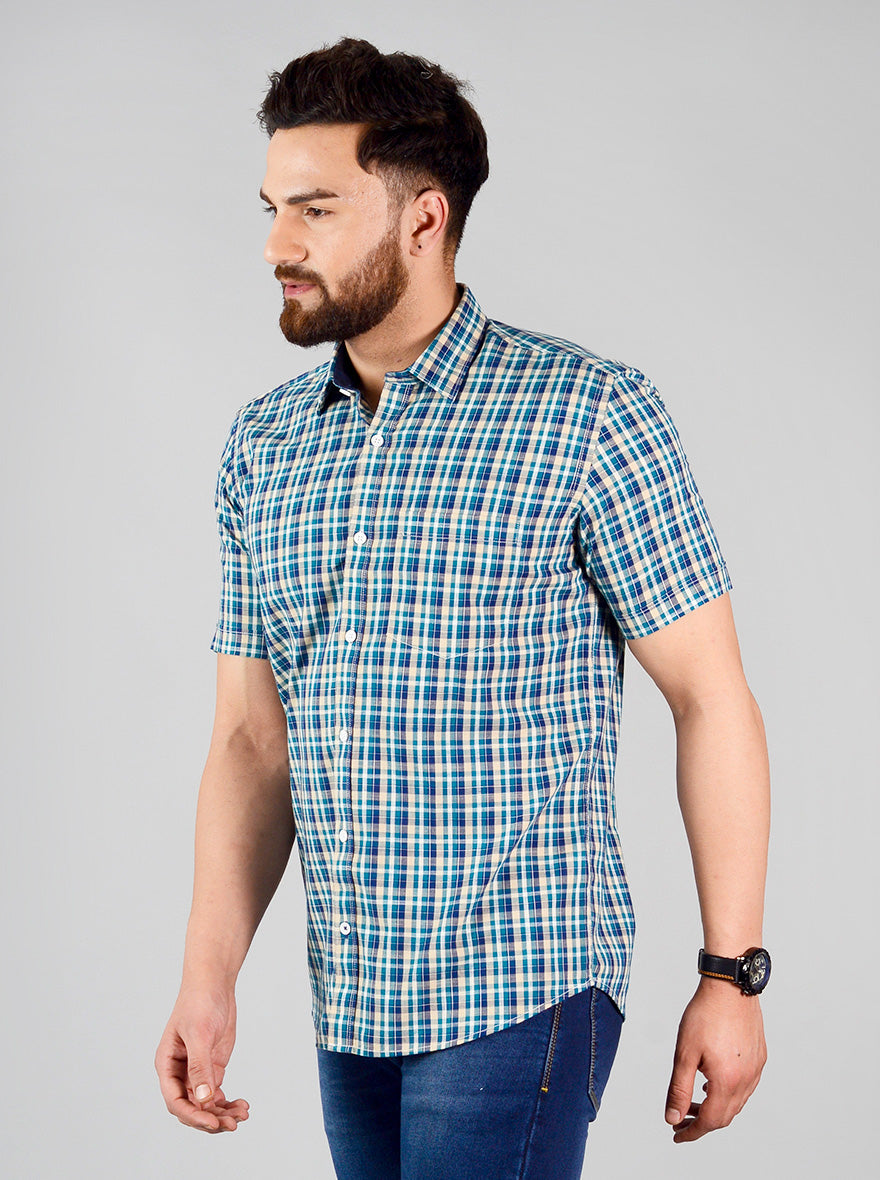 Dragonfly Blue Checked Slim Fit Casual Shirt | Greenfibre