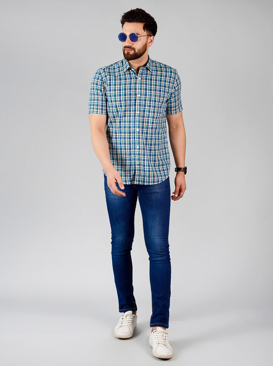 Dragonfly Blue Checked Slim Fit Casual Shirt | Greenfibre