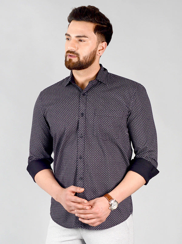 Night Black Printed Slim Fit Casual Shirt | Greenfibre