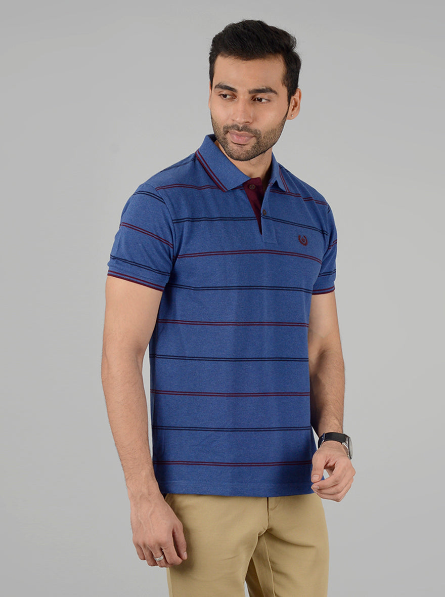 Navy Blue Striped Slim Fit Polo T-Shirt | Greenfibre