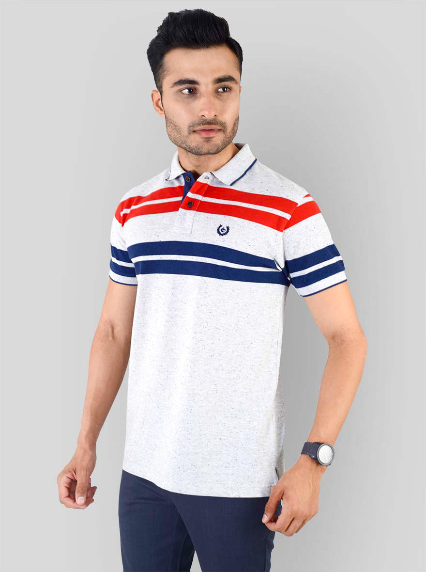 Red & Blue Striped Slim Fit Polo T-shirt | Greenfibre