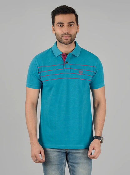 Turquoise Blue Striped Slim Fit Polo T-Shirt | Greenfibre